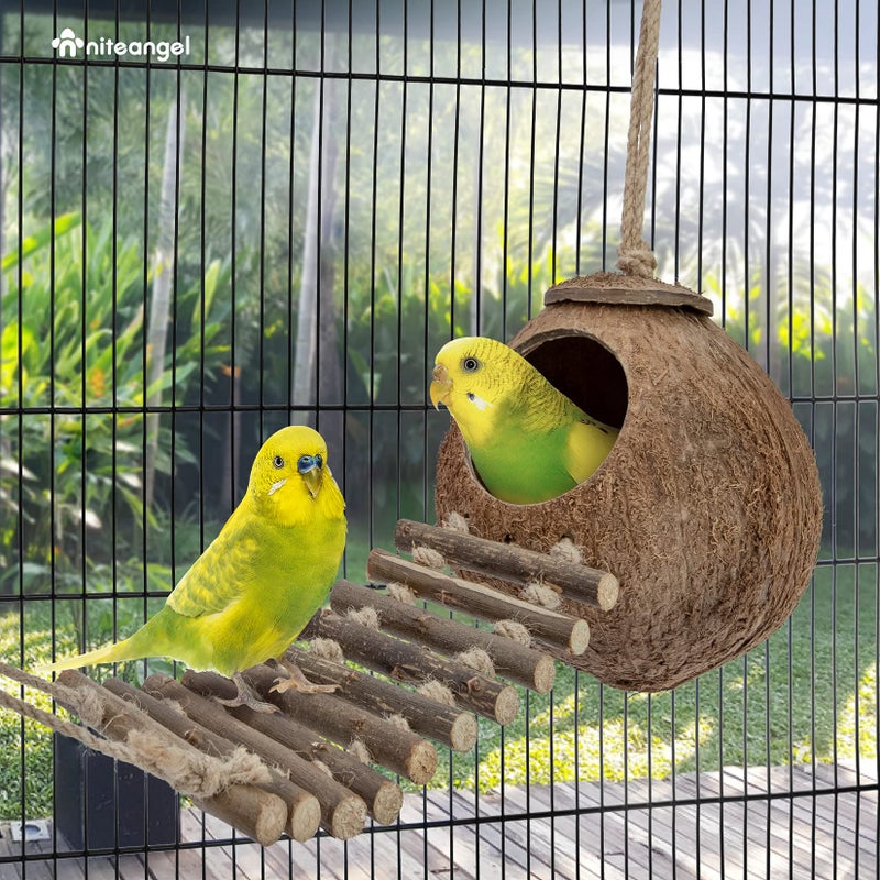 Niteangel Natural Coconut Hideaway with Ladder, Bird and Small Animal Toy (House with Ladder, Natural Surface) - Image 4